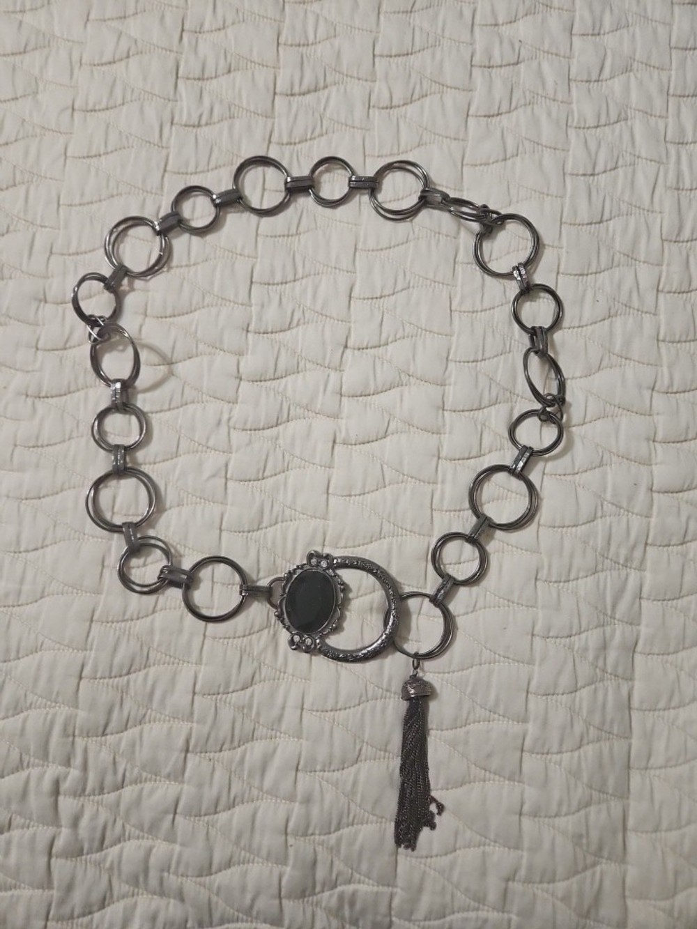 Vintage Silver-Tone Link Belt with Black Pendant and Tassel